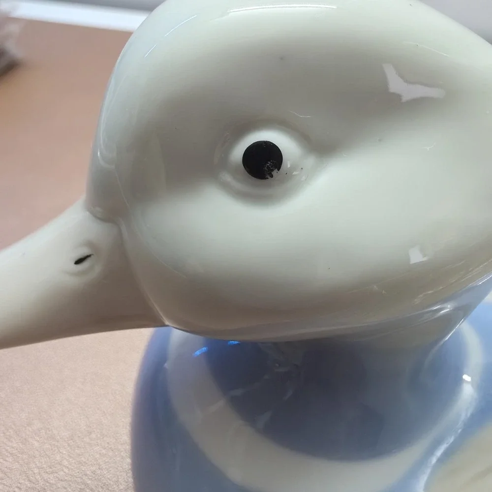 Rare Vintage Glazed Ceramic Blue & White Duck Waterfowl Figurine